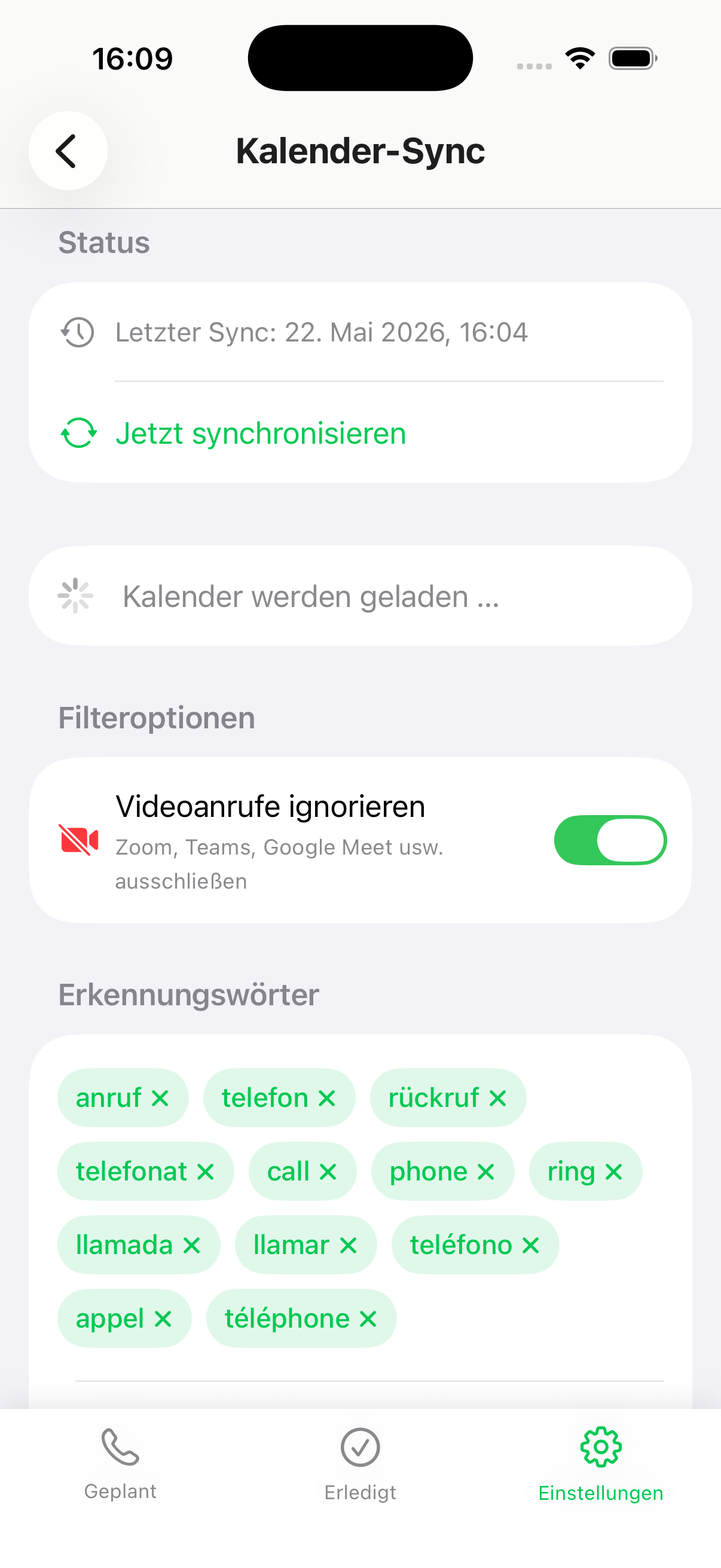 Calendar sync in CallPlan