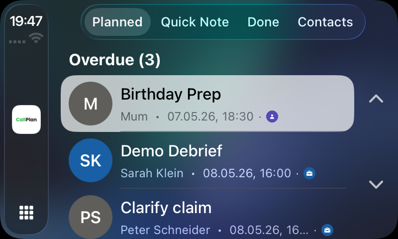 CallPlan on the CarPlay display